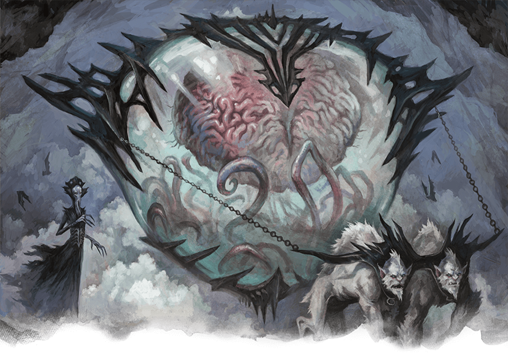 Artwork of an Elder Brain being transported by a Mind Flayer, made for Dungeons & Dragons.