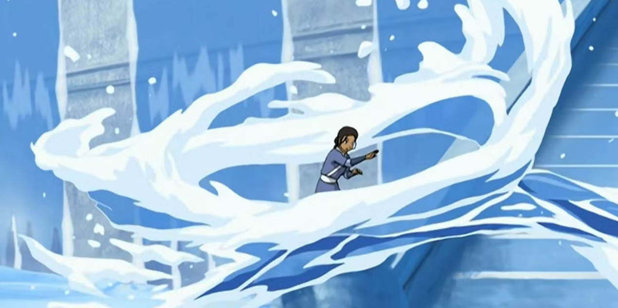 A screenshot from Avatar: The Last Airbender featuring Kitara waterbending.