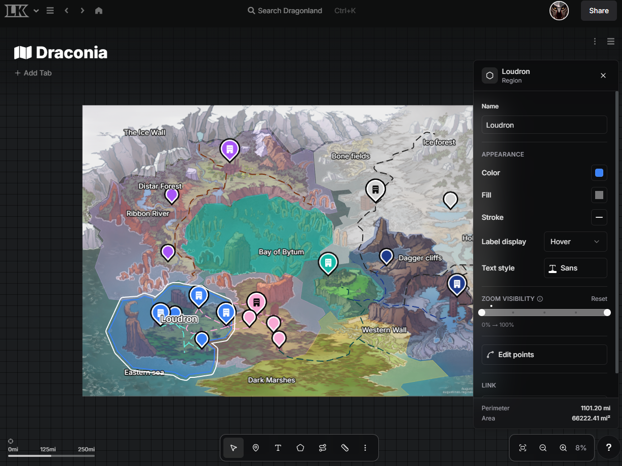 A screenshot from the LegendKeeper platform showing a map separated by Regions.