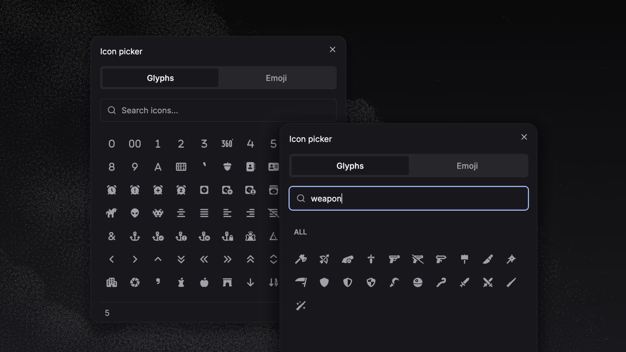 An icon picker showing many new icons, as well as a new synonym / related-word search functionality.