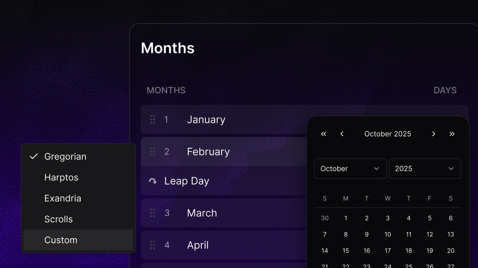 LegendKeeper's calendar system configuration interface showing different calendar options. On the left is a dropdown menu with "Gregorian" selected (checkmarked), and other options including "Harptos," "Exandria," "Scrolls," and "Custom." The center shows a months list with January, February, March, and April, plus a "Leap Day" entry. On the right is a standard calendar view showing October 2025 with navigation controls and date grid displaying days of the week (S M T W T F S) and numbered days 1-27.