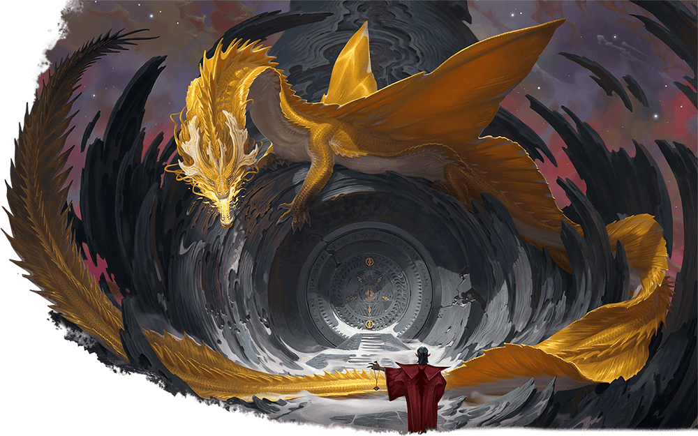 Artwork of a Gold Dragon from Dungeons & Dragons, meeting with a humanoid.