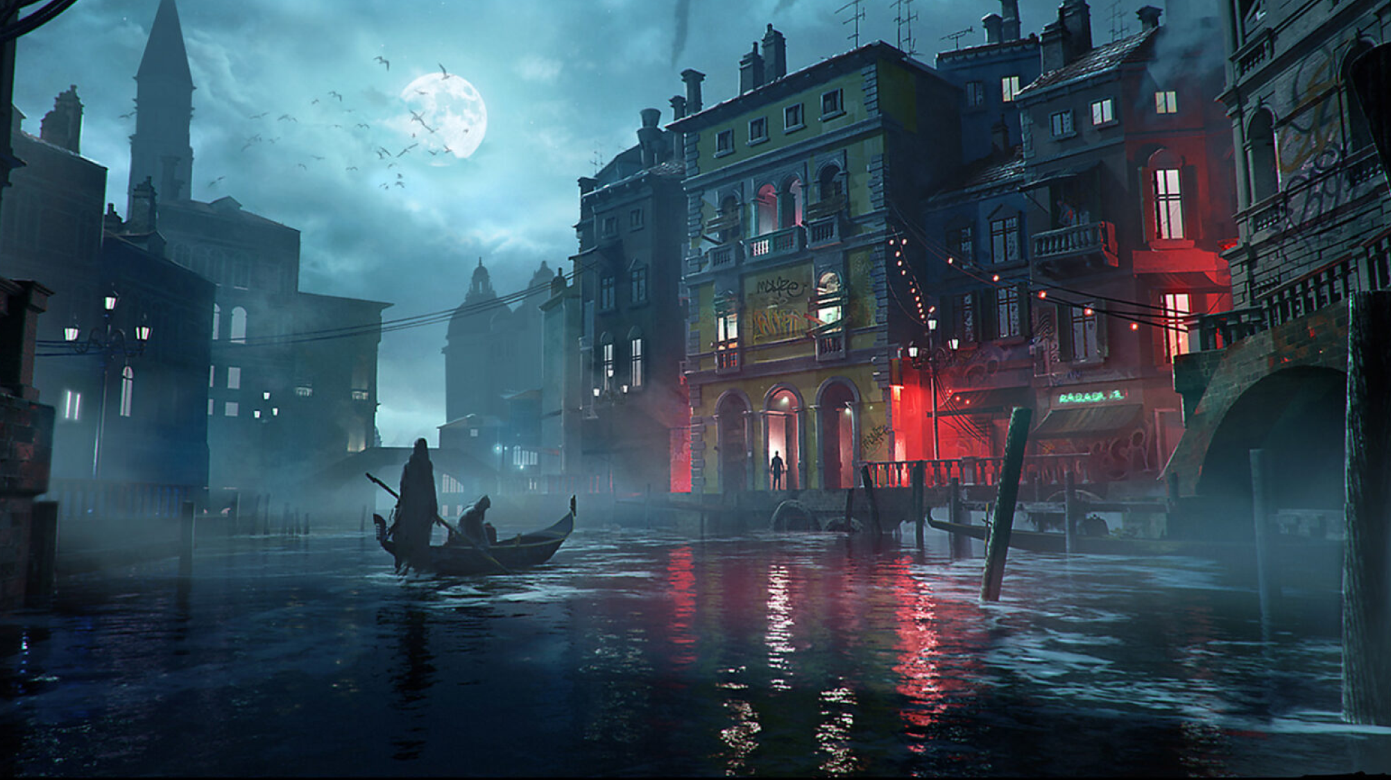 An image from Vampire the Masquerade TRPG, that shows a gondola drifting across a moonlit canal.