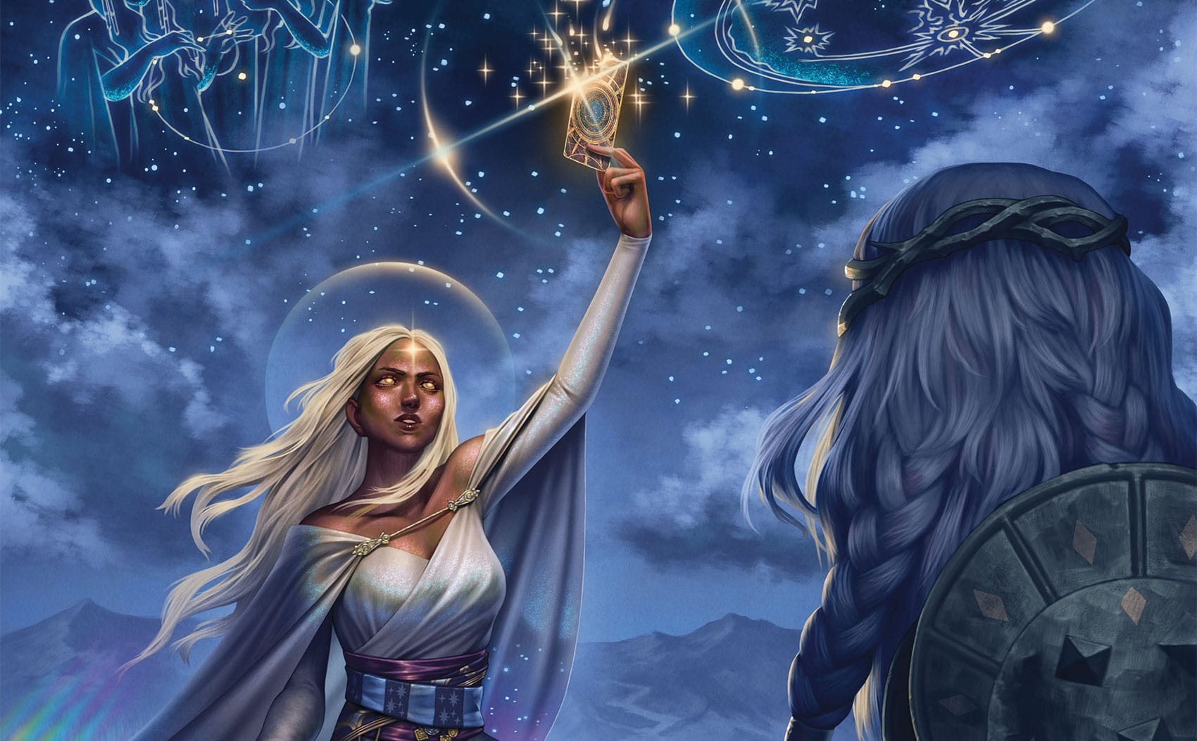 Artwork for Dungeons & Dragons depicting a celestial woman holding a shining card.