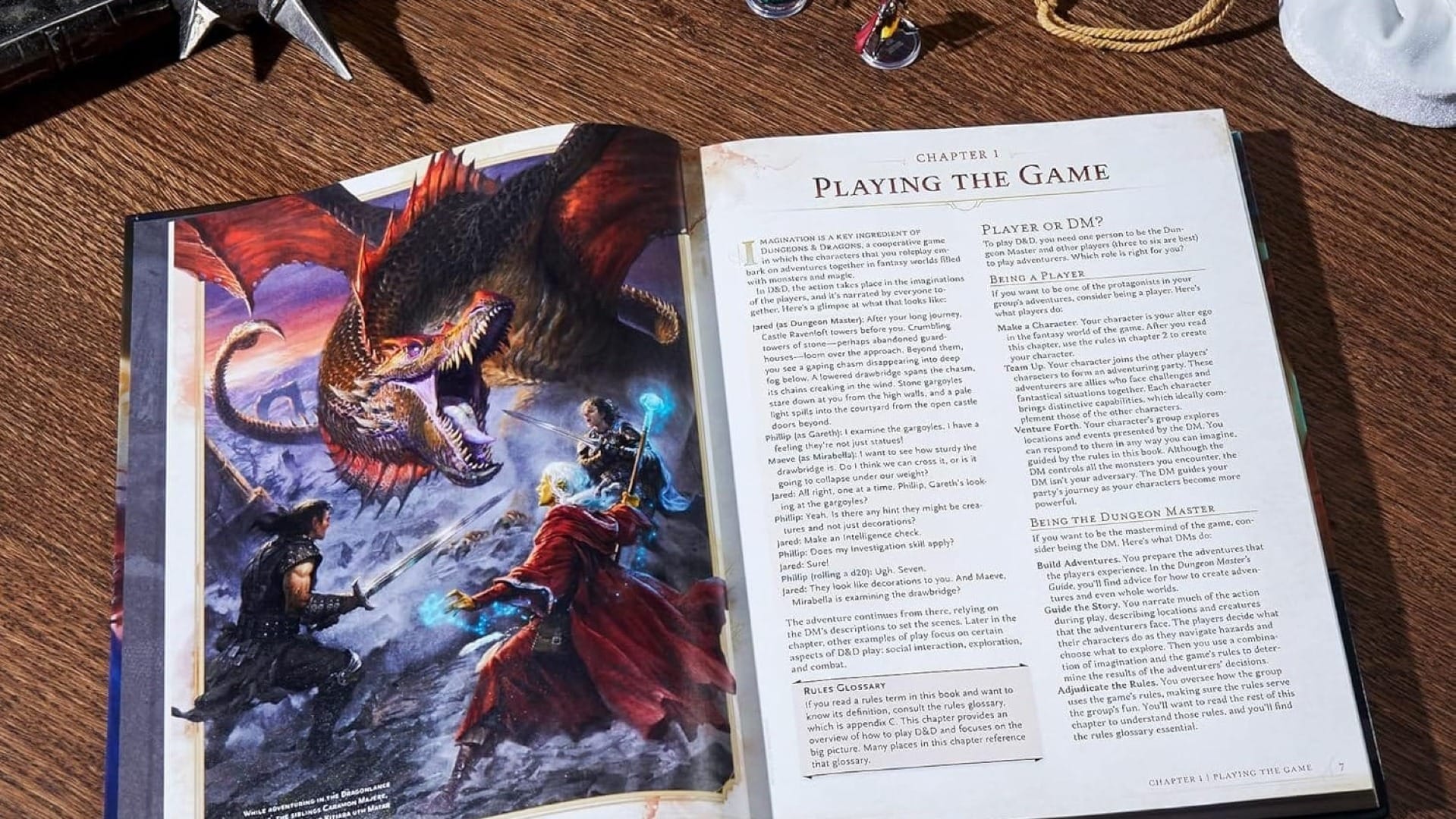A photo of the 2024 version of the Dungeons & Dragons Player's Handbook open to Chapter 1, Playing the Game.