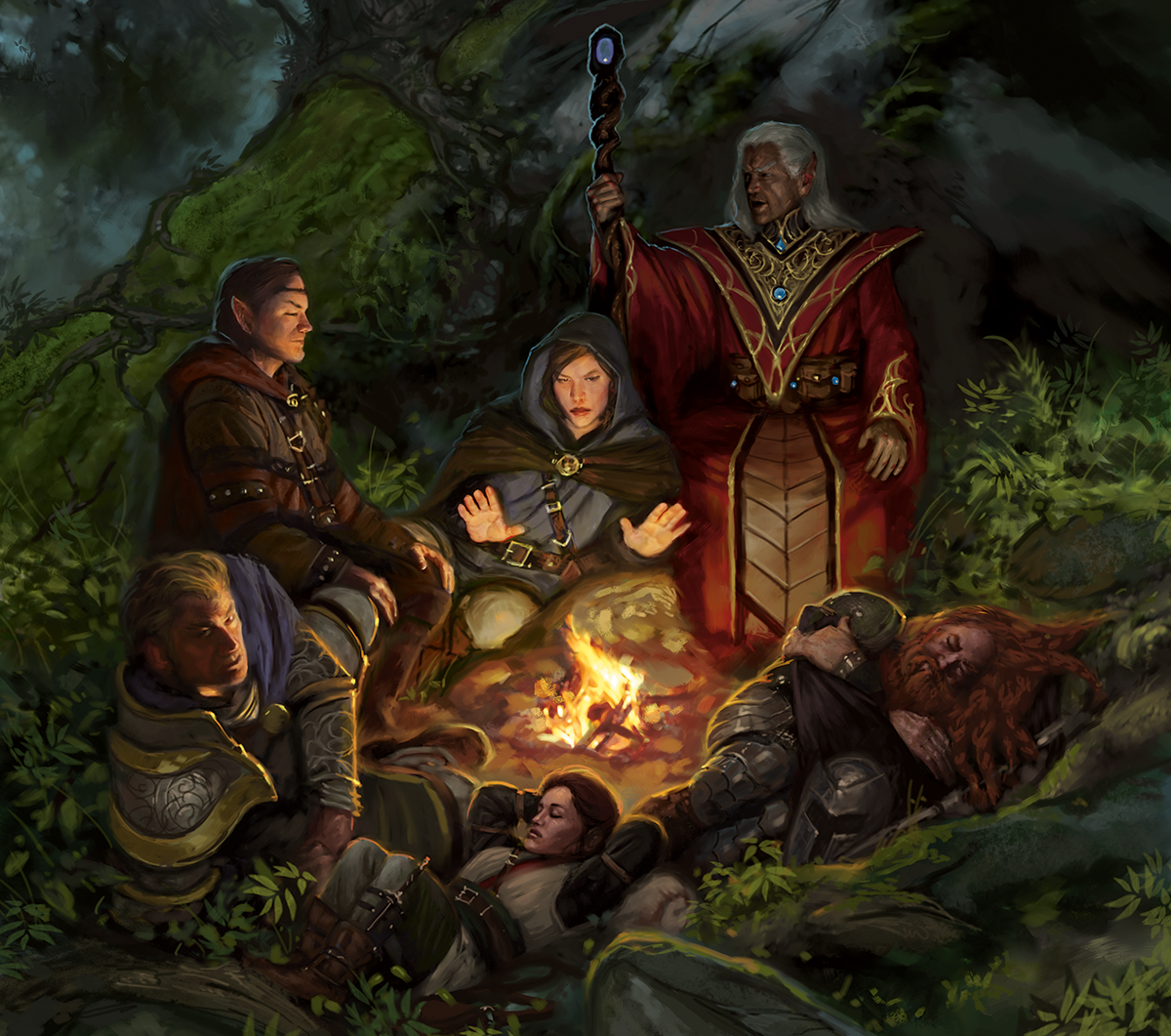 Artwork for Dungeons & Dragons including a mixed party of adventurers round a campfire