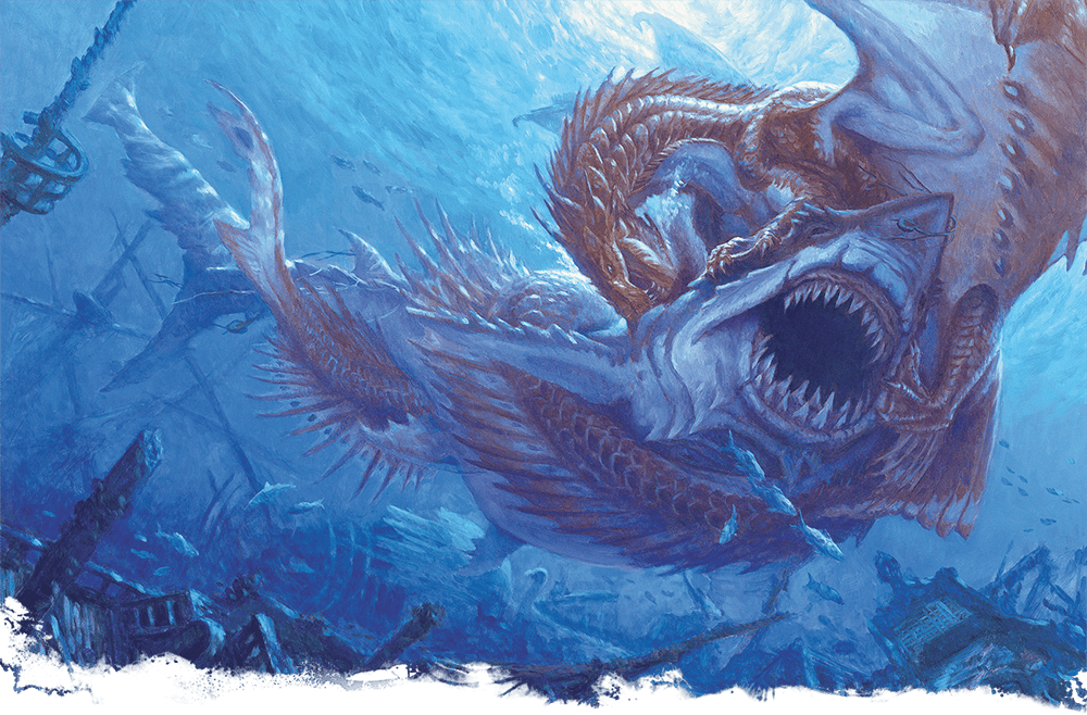 Artwork of a Bronze Dragon from Dungeons & Dragons, attacking a shark.