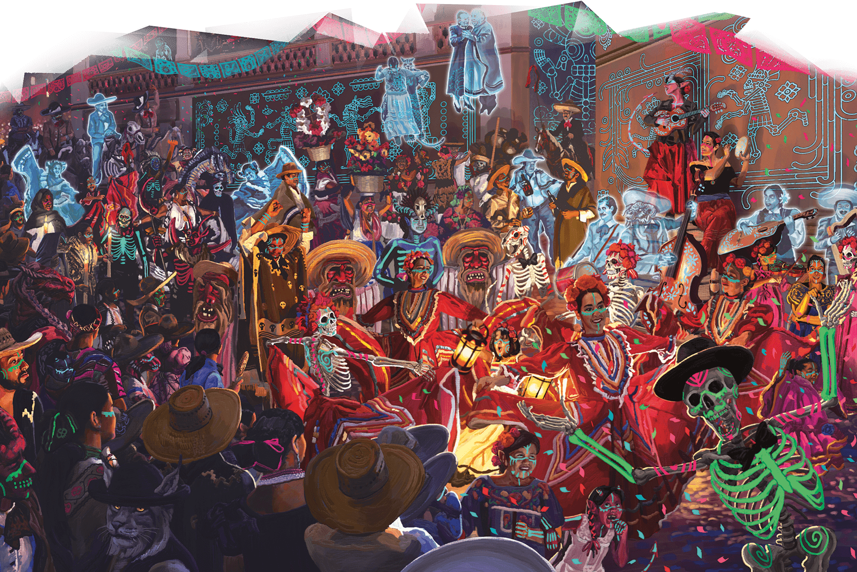 Artwork for Dungeons & Dragons depicting a scene wherein a crowd celebrate The Day of the Dead.