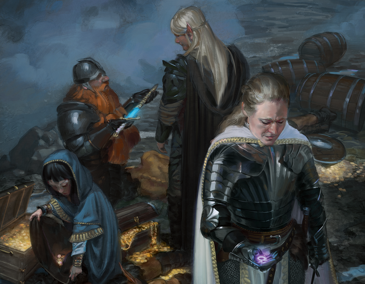 Artwork for Dungeons and Dragons, showing a team of adventurers investigating a treasure horde.