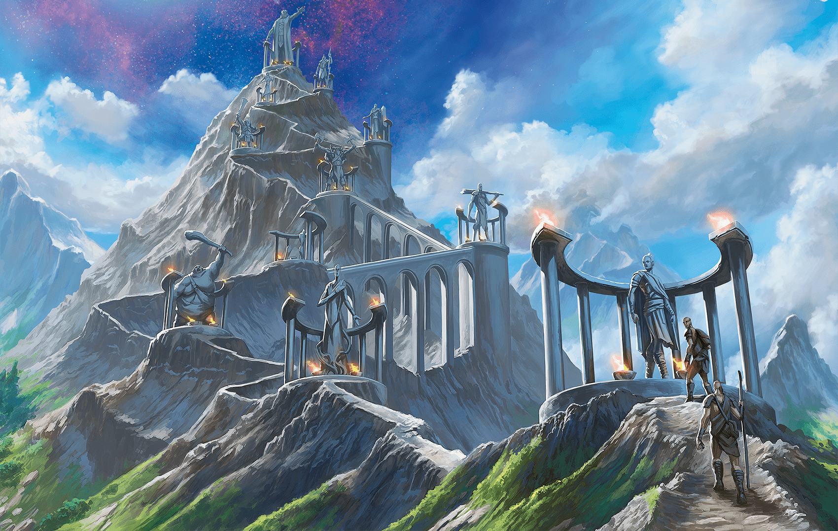 Artwork for Dungeons & Dragons showing a long pathway lined with statues, leading up to a mountain peak.