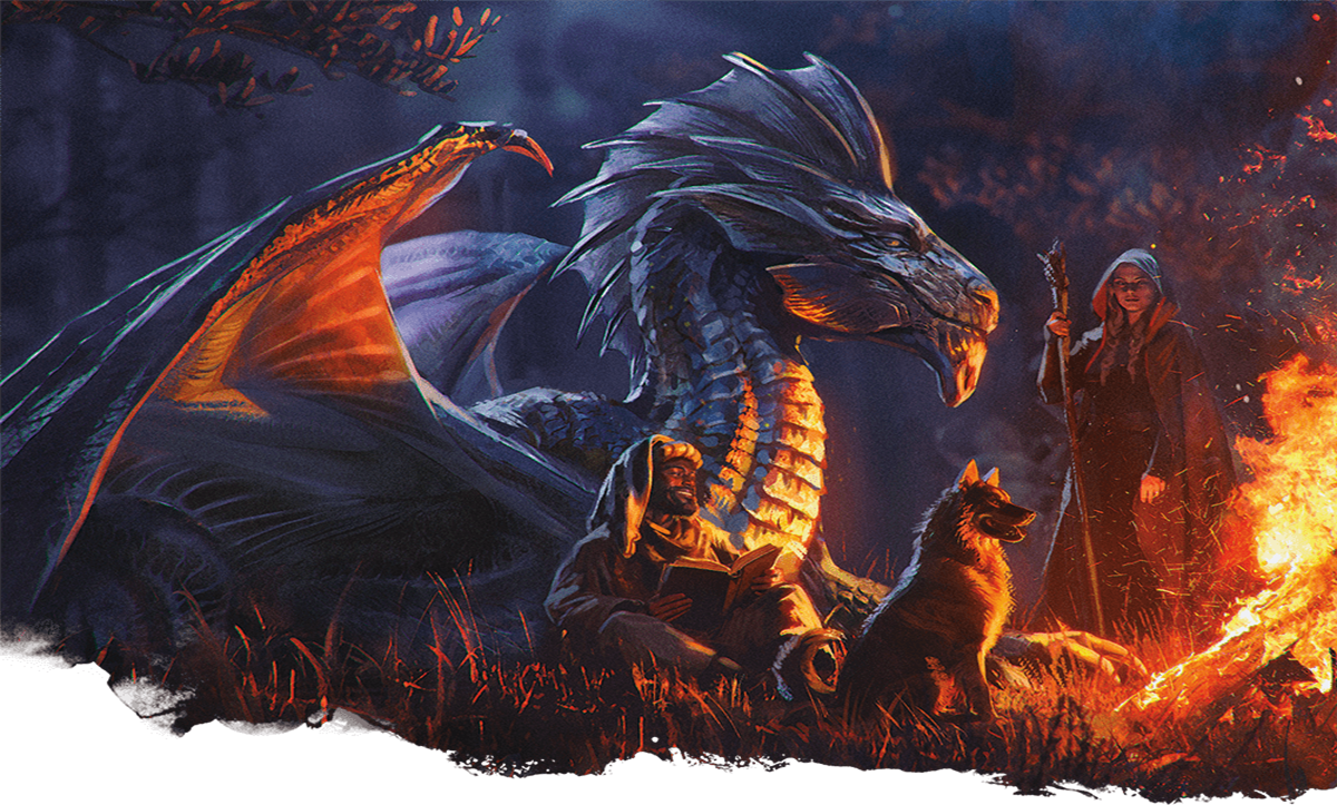 Artwork of a Silver Dragon from Dungeons & Dragons, sitting with some adventurers.