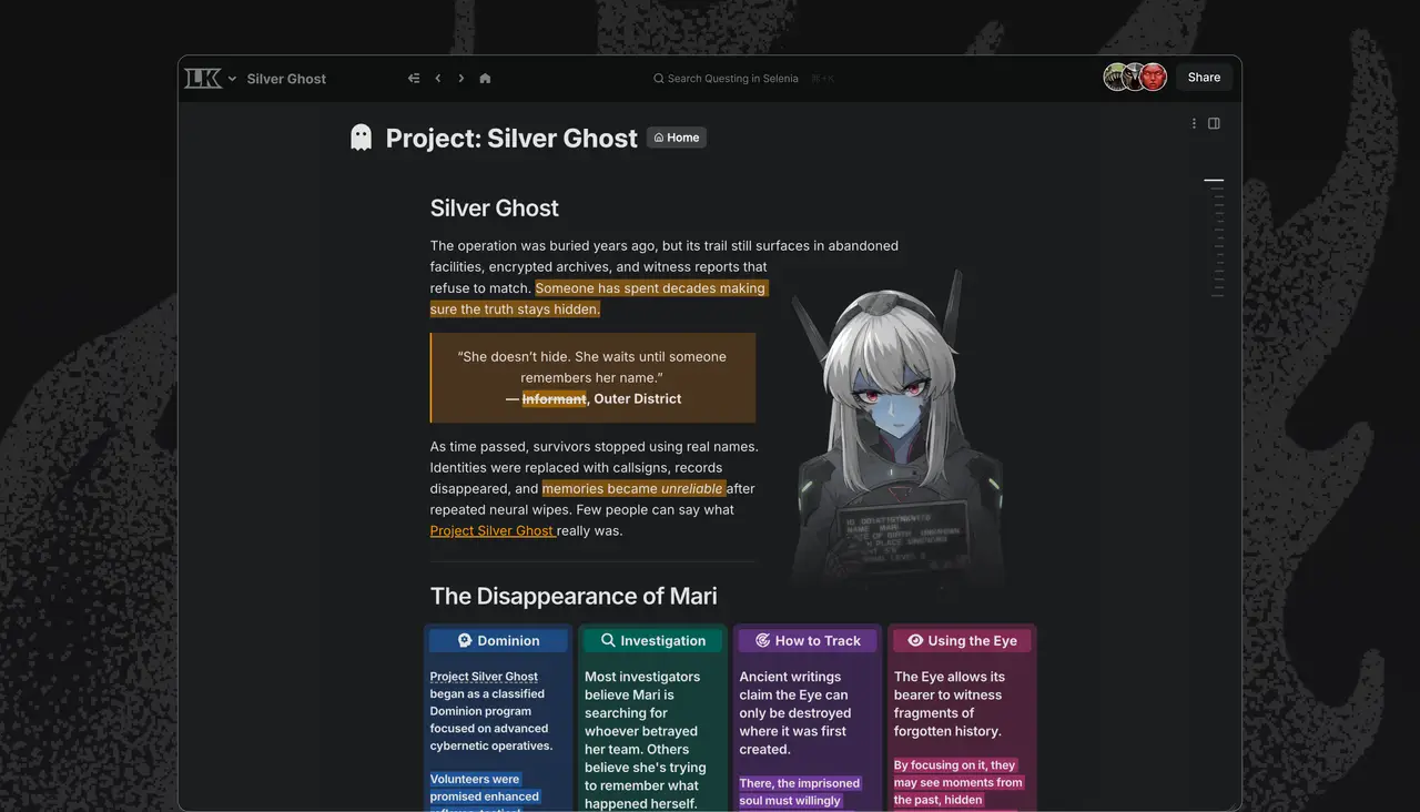 Attachment A wiki page with a variety of color treatments, like text highlights, colored quote boxes, and colored layout panels.