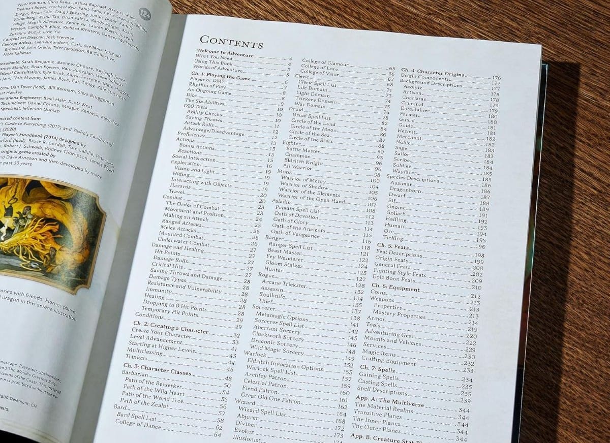 A photo of the inside of the Dungeons & Dragons 2024 Player's Handbook.