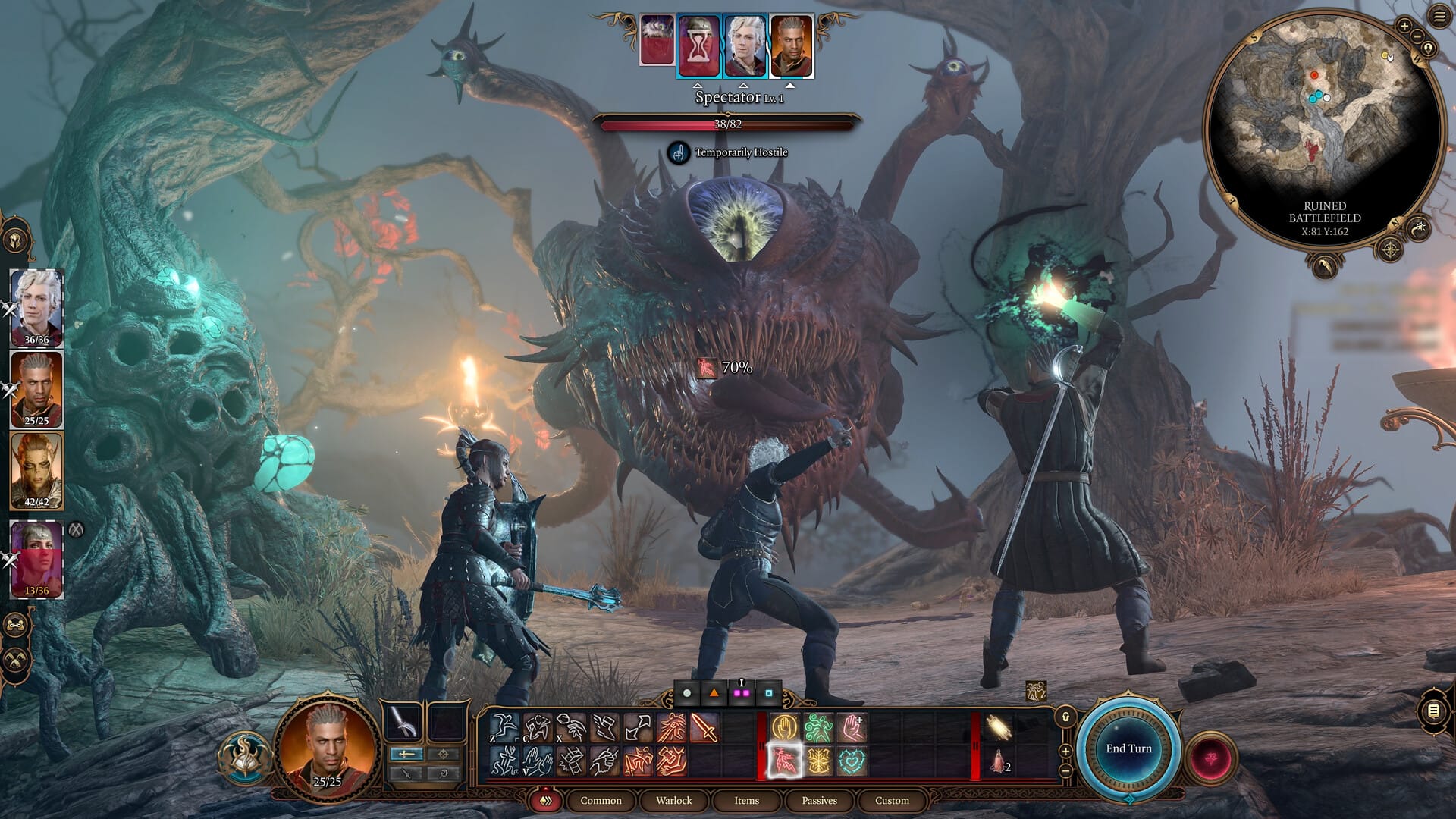 A screenshot from Baldur's Gate III showing the player party facing off against a Spectator.