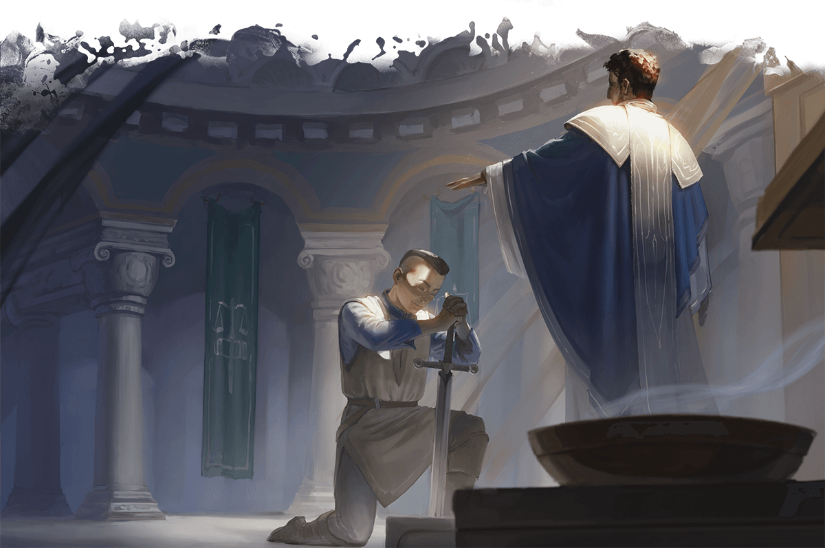 Artwork for Dungeons & Dragons that shows a devotee pledging themselves to a religious leader.
