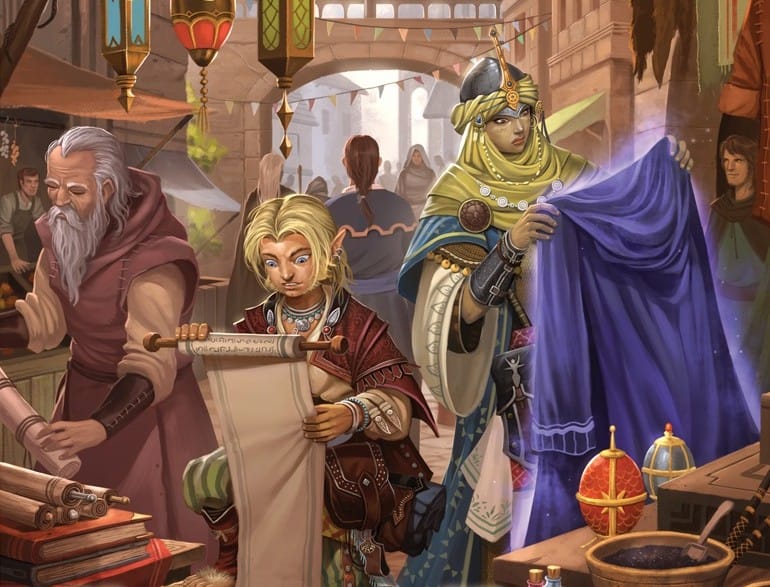 Artwork for Pathfinder 2E, showing a group of shoppers admiring various wares.