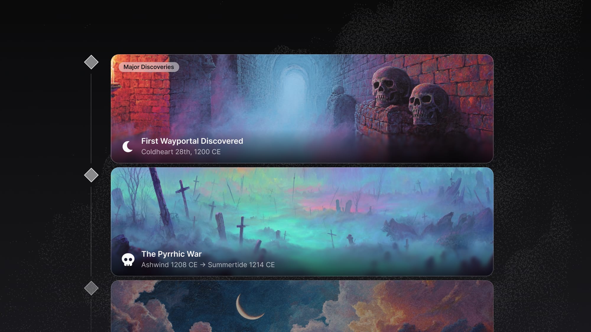 This image shows a fantasy timeline interface with three major historical events: